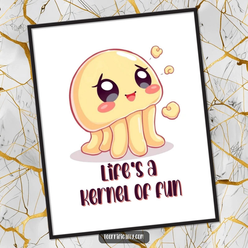 Funny Free Printable Wall Art: A wobbly jelly with wide, eager eyes attempting to catch a flying popcorn kernel, full of playful energy.