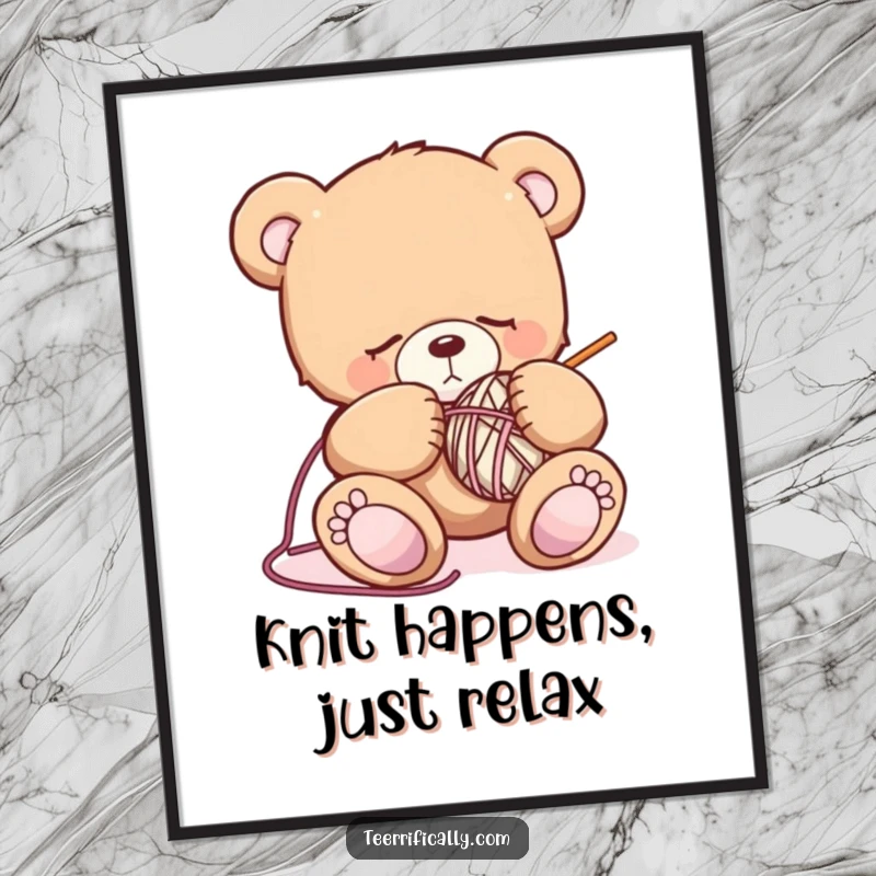 Funny Free Printable Teddy Bear Wall Art: A sleepy bear attempting to knit, creating a scene of cozy charm.