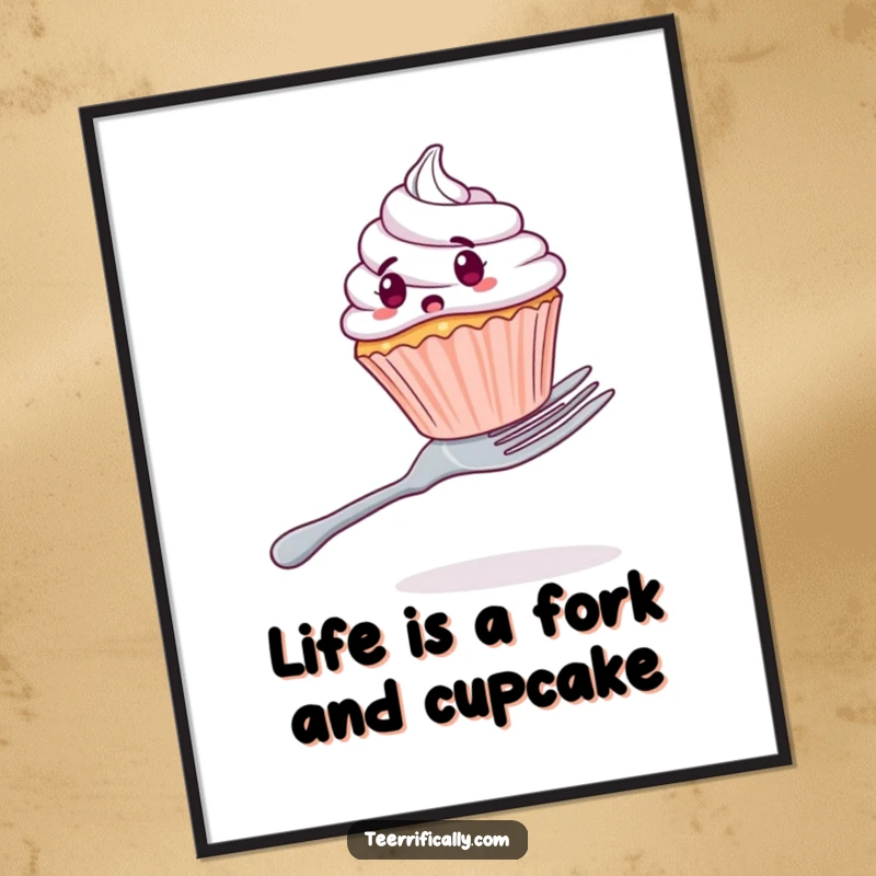 Funny free printable wall art of a shocked cupcake comically balancing on a giant fork, ready for laughs.