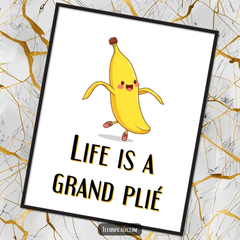 Funny Free Printable Wall Art: Cheerful banana peel in tiny shoes attempts a clumsy pirouette, adding goofy decor.
