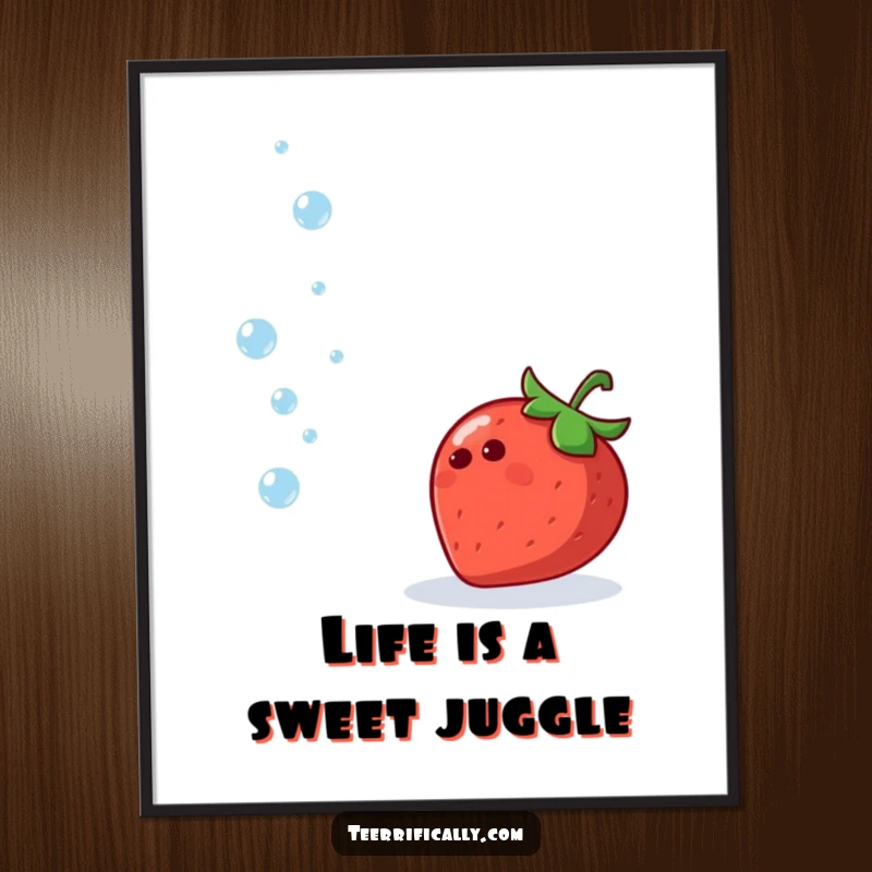 Funny Free Printable Wall Art: A happy strawberry enthusiastically juggling tiny, sparkling water droplets with pure glee.