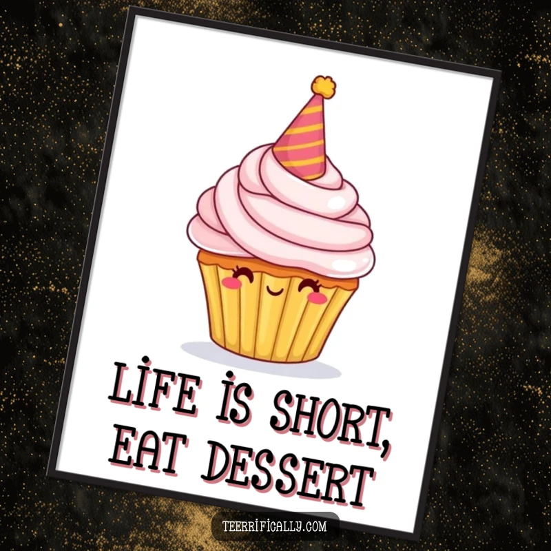 Funny Free Printable Wall Art of a proud cupcake with a party hat and overflowing frosting, exuding cheerful celebration.