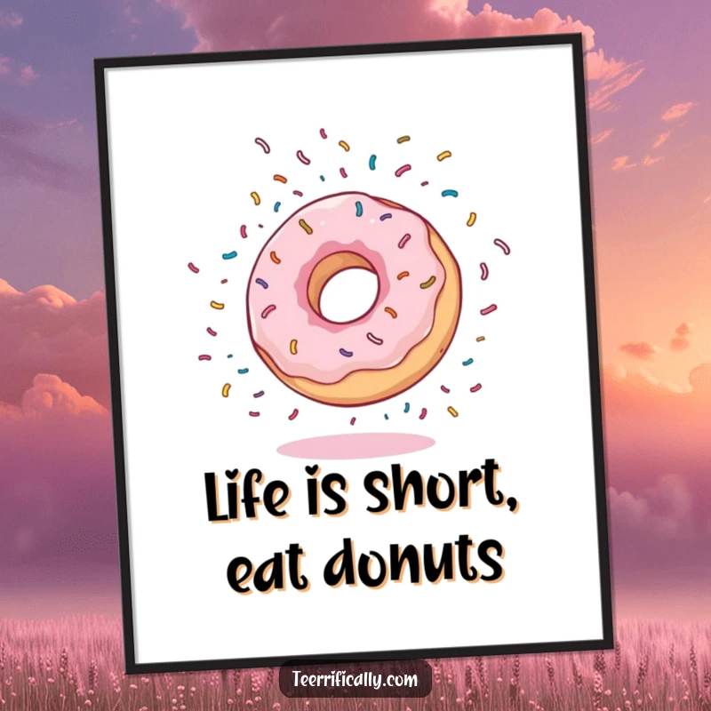 Funny free printable wall art depicting a bouncy donut in mid-somersault, surrounded by a dazzling explosion of colorful sprinkles.