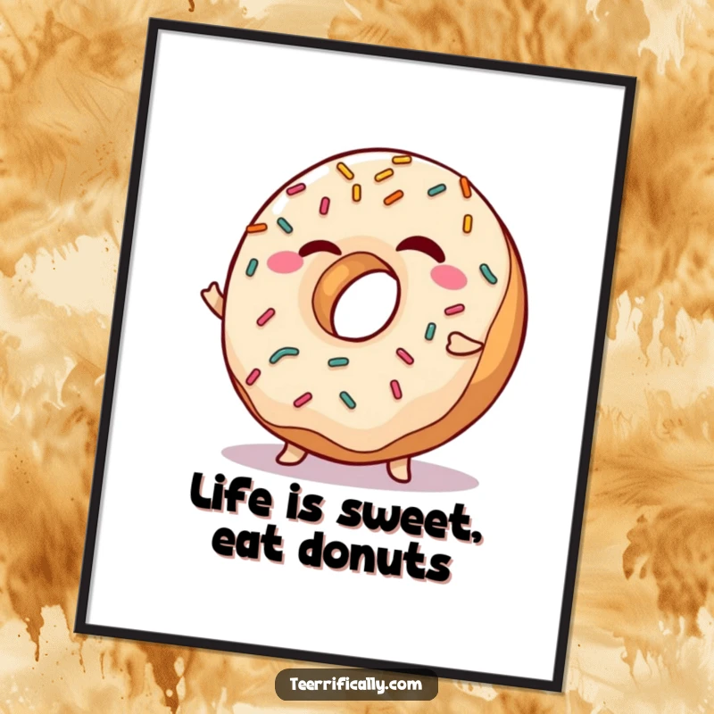 Funny Free Printable Wall Art: A winking donut with vibrant sprinkles doing a fun, energetic shimmy.
