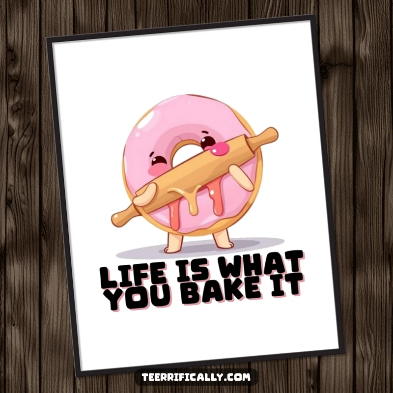 Funny Free Printable Wall Art: A clumsy donut hugging a rolling pin with sticky delight, adding a cheerful and humorous touch.