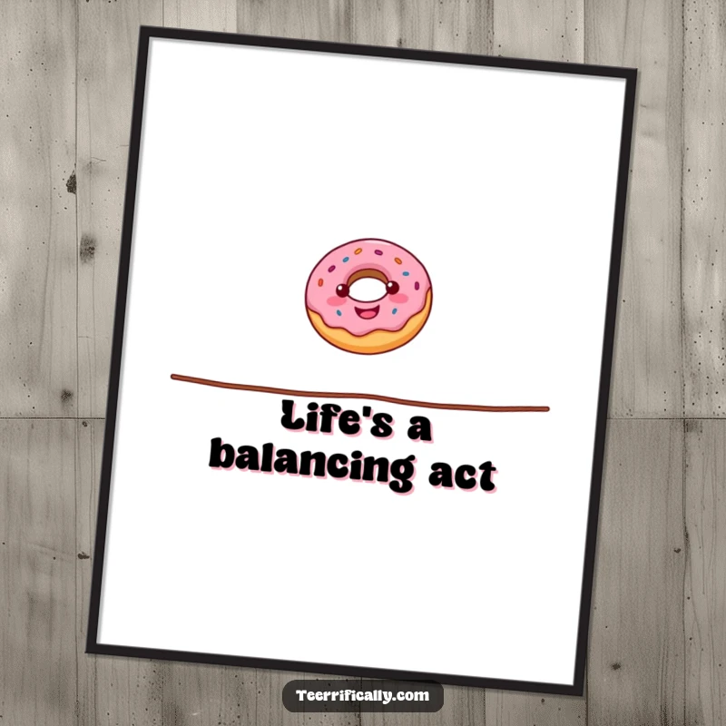 Funny Free Printable Donut Wall Art: A donut walking a tightrope with incredible balance, bringing quirky charm.