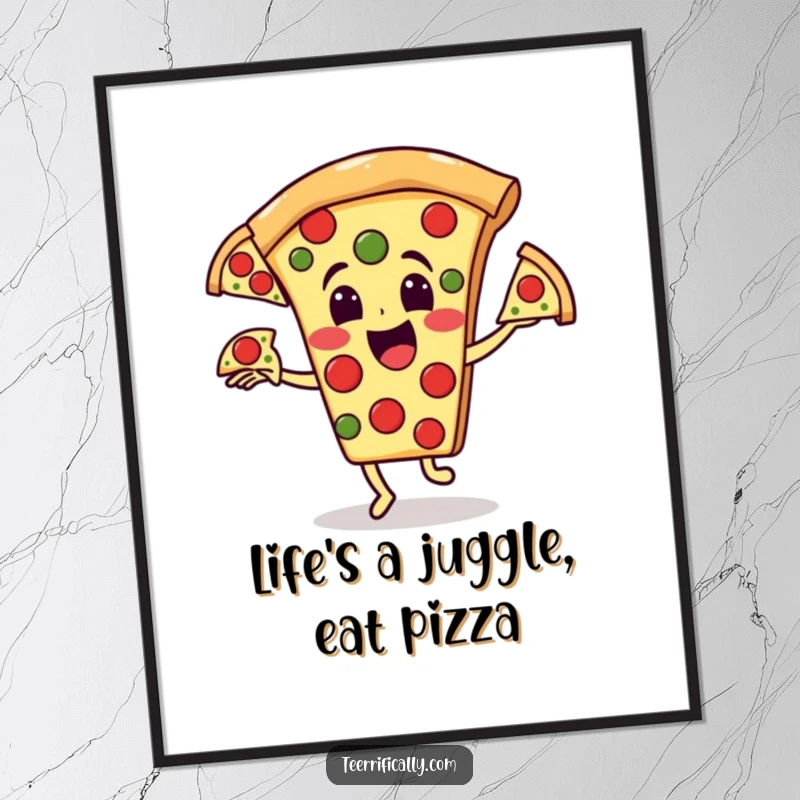 Funny Free Printable Wall Art: Happy pizza slice character juggling three runaway pepperoni slices, a whimsical piece.