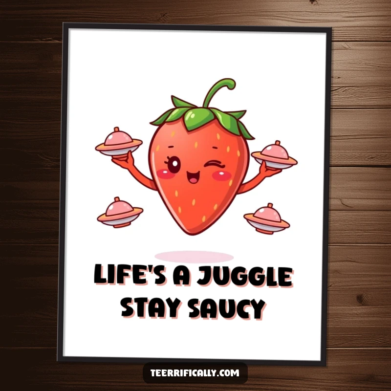 Funny Free Printable Wall Art: A winking strawberry skillfully juggles three small flying saucers, adding cosmic charm to any room.