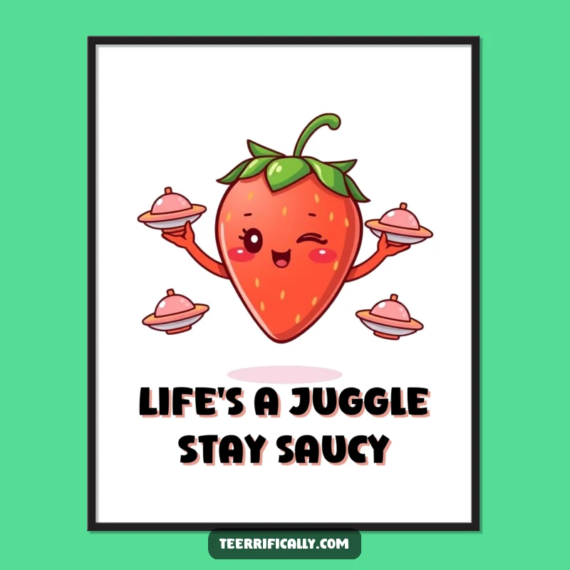 Free Printable Wall Art: Winking Strawberry Juggler, Quirky Downloadable Decor!