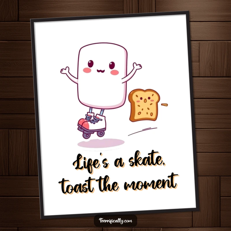 Funny Free Printable Wall Art: A marshmallow wearing roller skates zips past startled toast, a scene of sugary chaos.