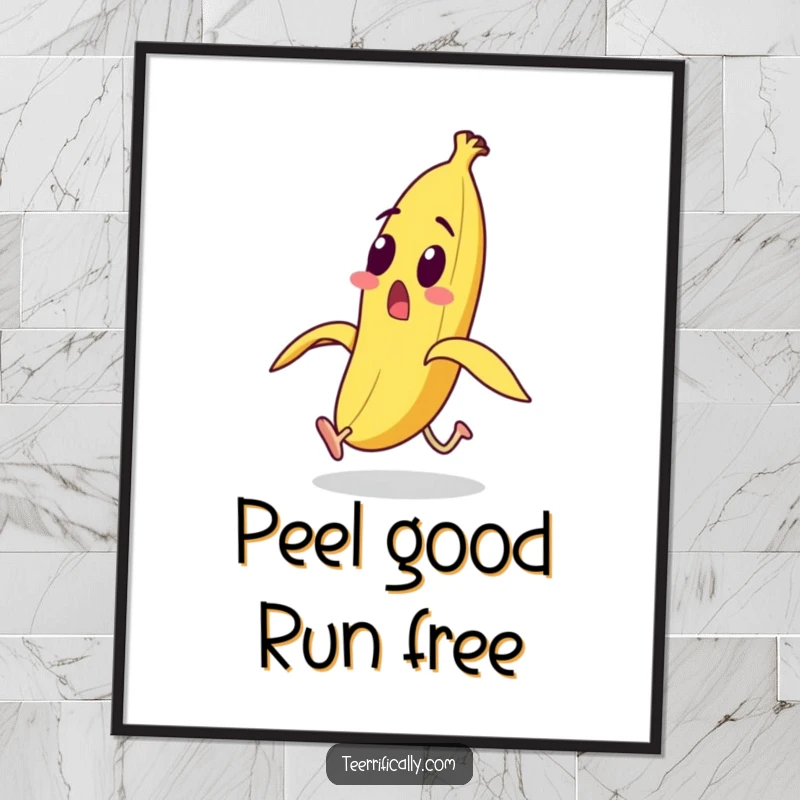 Funny Free Printable Wall Art: A surprised banana with legs is making a rapid getaway from its own peel, a humorous scene.