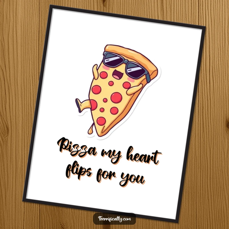Funny Free Printable Wall Art: A pizza slice wearing sunglasses performs a dynamic somersault, creating a quirky and energetic piece of downloadable art.