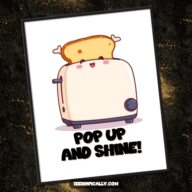 Funny free printable wall art of a piece of toast with ears excitedly jumping out of a toaster, breakfast joy.