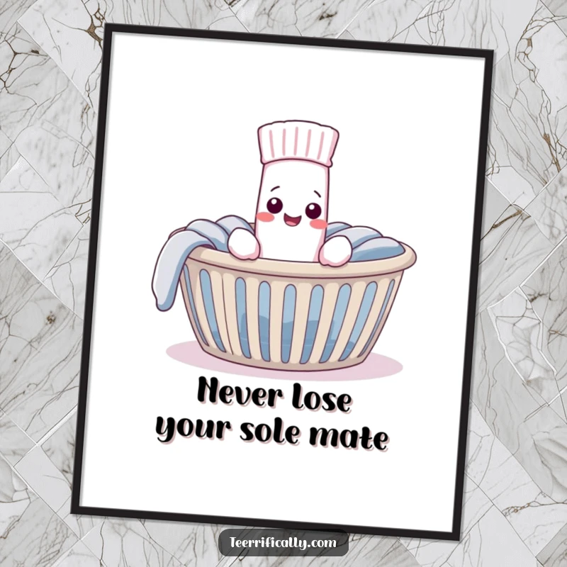 Funny free printable wall art showing a very pleased sock discovering its long-lost mate in a cozy laundry basket, a heartwarming scene.