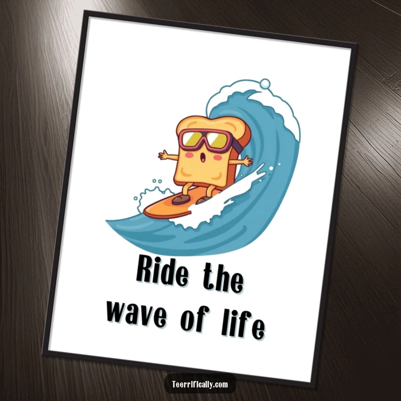 Funny Free Printable Wall Art: Toast with goggles surprisingly surfing a massive marmalade wave, breakfast art
