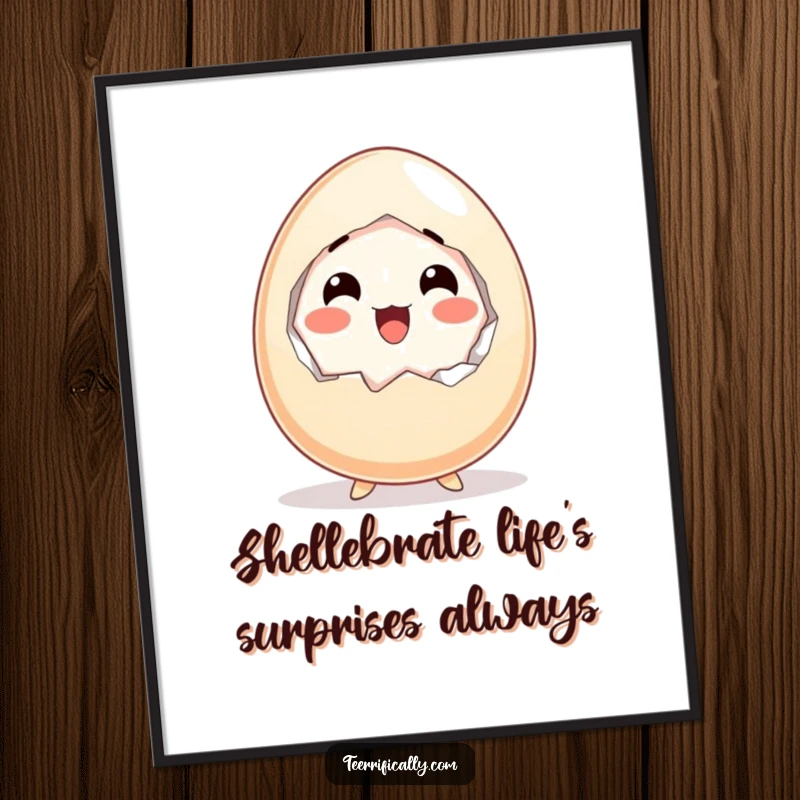 Funny Free Printable Wall Art: A startled egg cracks itself open with an expression of happy surprise, adding humor to decor.