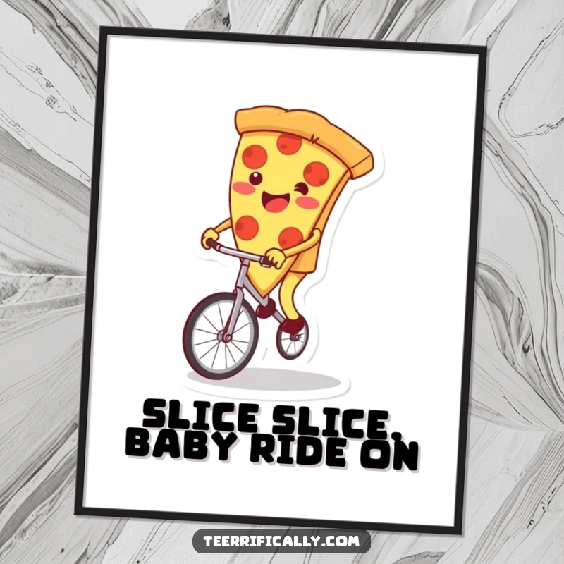 Funny Free Printable Pizza Wall Art: Energetic pizza slice mastering a unicycle with hilarious wobbly legs, bringing joy to any room.