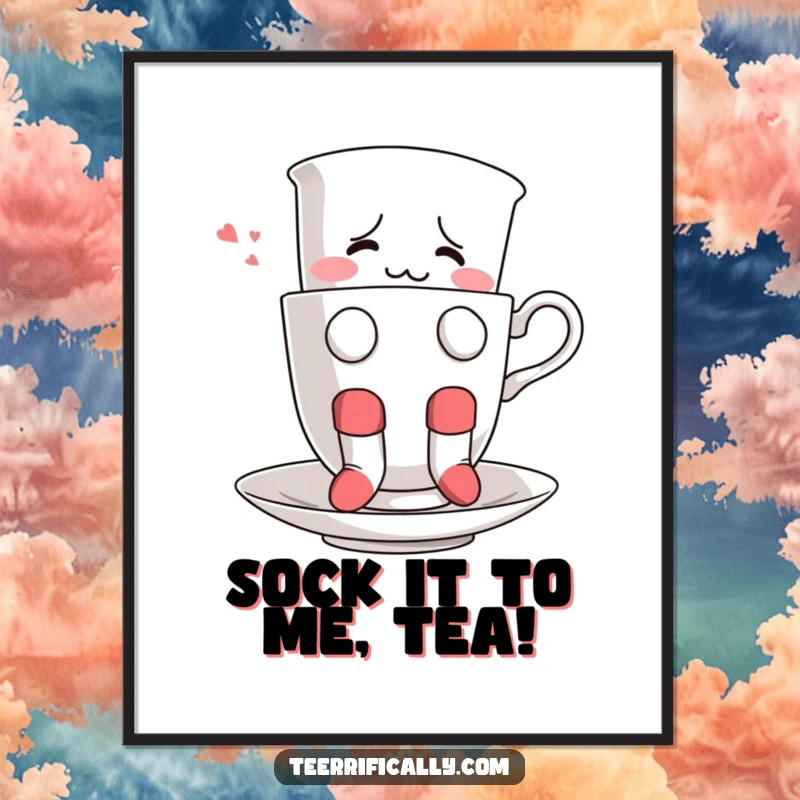 Funny Free Printable Wall Art: Confused teacup wearing socks attempting to float in another teacup, bizarrely artistic, a charming downloadable.