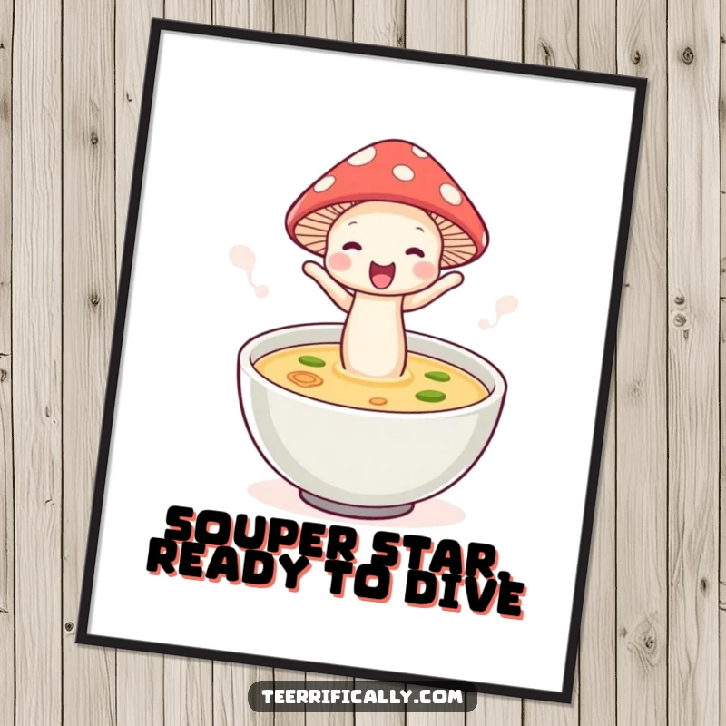 Funny Free Printable Mushroom Wall Art: A tiny mushroom in a hat joyfully jumps into soup, adding whimsical humor.
