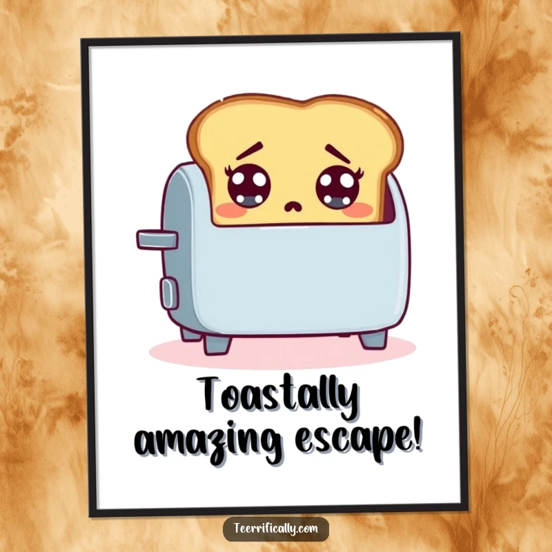 Funny Free Printable Wall Art: Startled slice of toast with wide eyes jumping out of a toaster, a breakfast surprise, a charming downloadable.