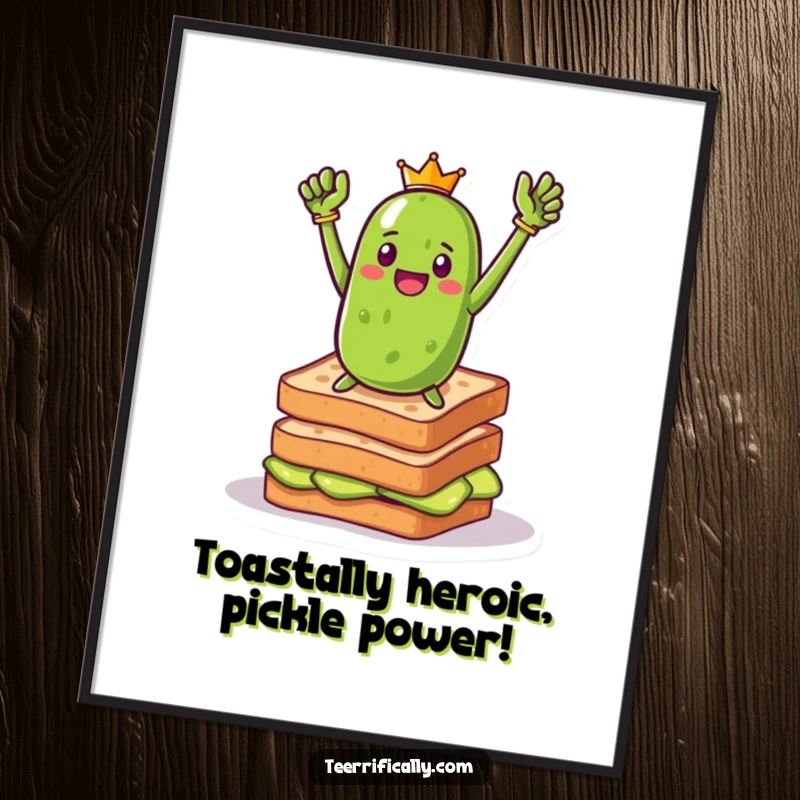 Funny Free Printable Pickle Wall Art: A triumphant pickle striking a heroic pose on a stack of toast.