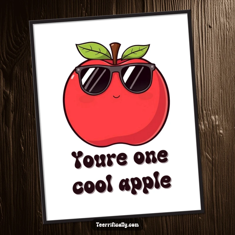 Funny Free Printable Wall Art of a plump red apple wearing cool sunglasses and giving a sly, knowing wink, full of personality.