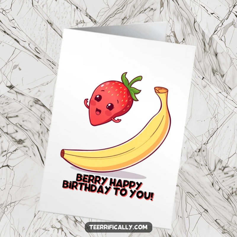 Funny Free Printable Strawberry Birthday Card: Cheeky strawberry surprised on a banana peel, offering humorous birthday wishes.