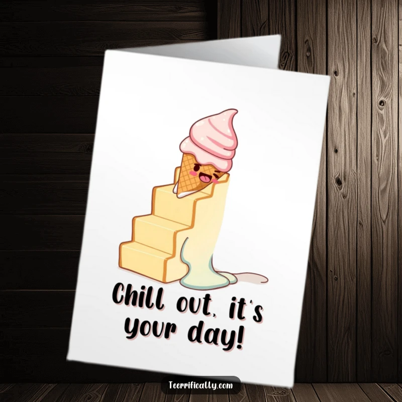 Funny Free Printable Birthday Card: A melting ice cream cone hilariously slides down a toast staircase, bringing sweet birthday cheer.