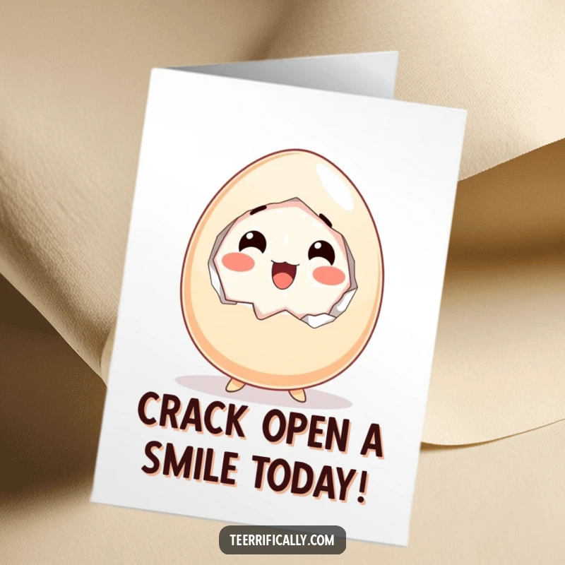Funny Free Printable Birthday Card: A startled egg joyfully cracks itself open, expressing delightful surprise and festive birthday wishes.