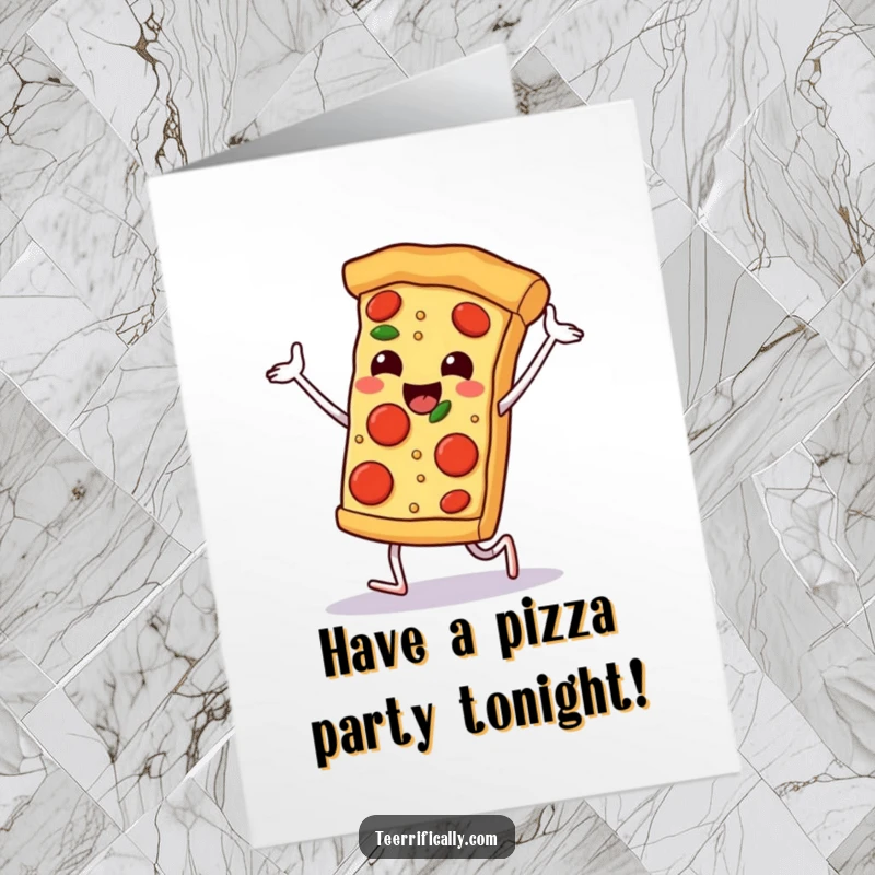 Funny Free Printable Birthday Card: Happy slice of pizza joyfully dancing with pepperonis as its feet, spreading cheer.
