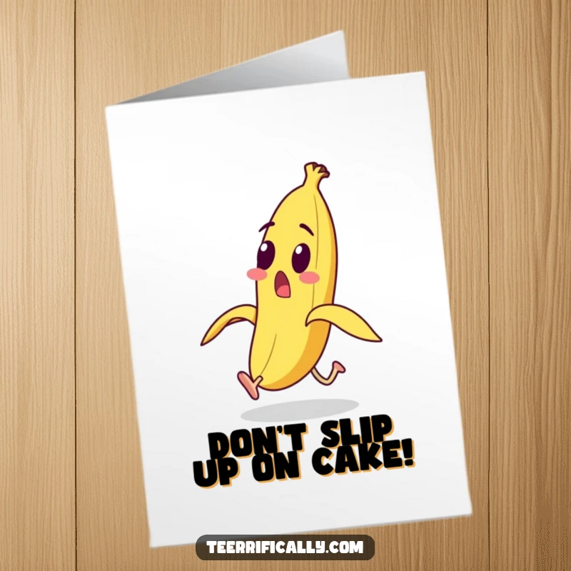 Funny Free Printable Birthday Card: A surprised banana with legs makes a hasty escape from its own peel, mid-run.