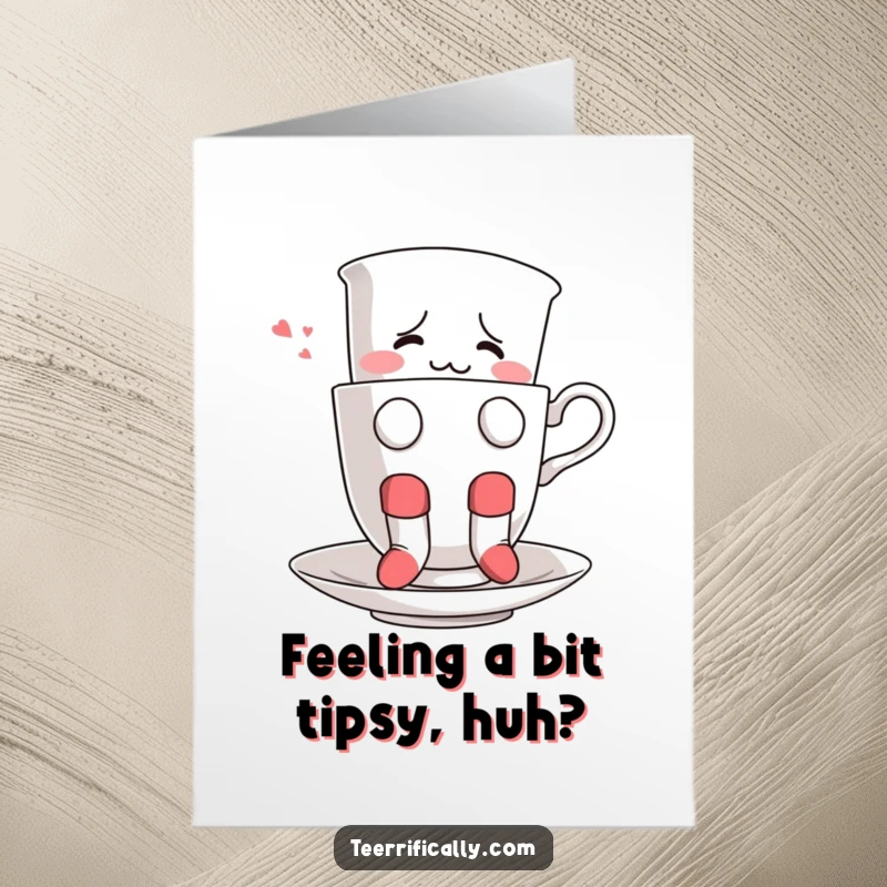 Funny Free Printable Birthday Card: Confused teacup wearing socks tries to float in another teacup, hilariously odd, a downloadable hello.