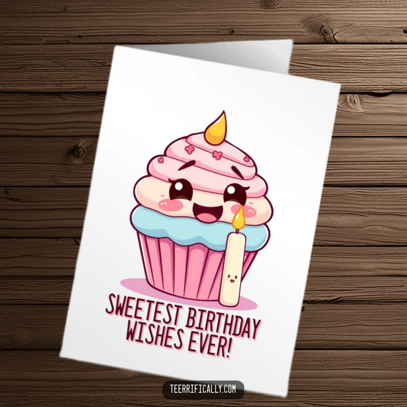 Funny Free Printable Birthday Card: A giggling cupcake with wide eyes attempts to eat its own candle, perfect for a humorous birthday.