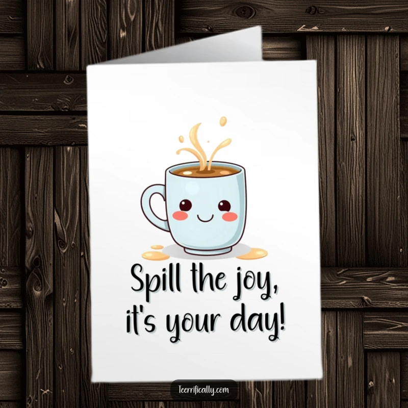 Funny Free Printable Birthday Card: A determined coffee mug spilling a latte that perfectly forms a happy smiley face.
