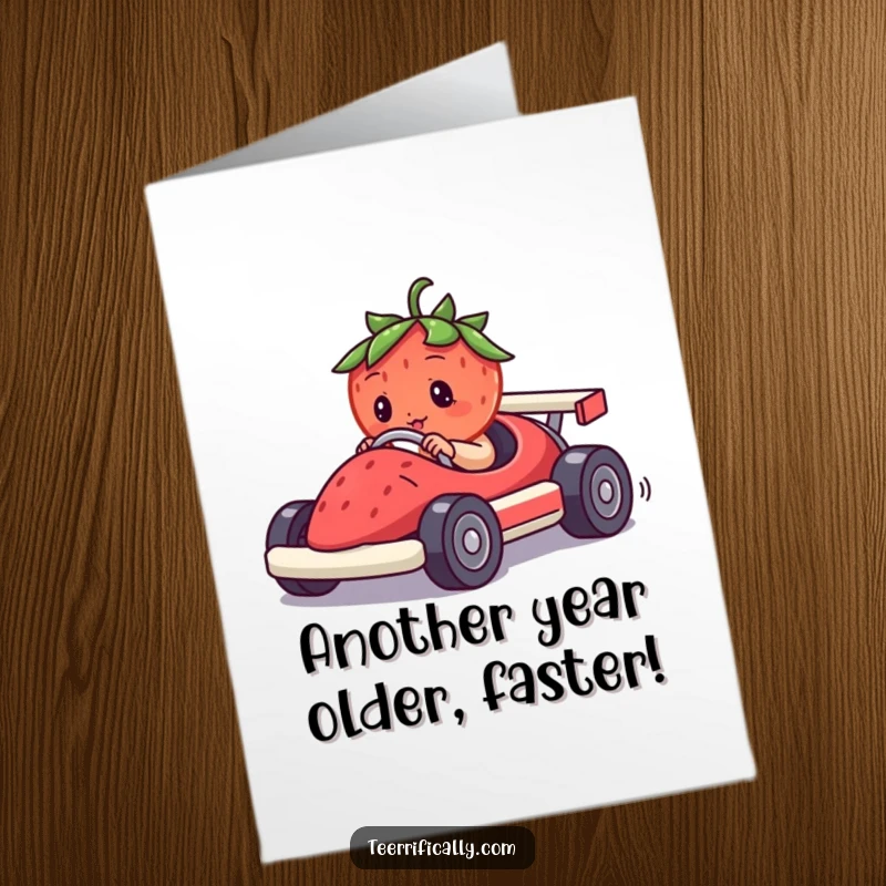 Funny Free Printable Birthday Card: Determined strawberry in a berry race car speeding towards a checkered flag.