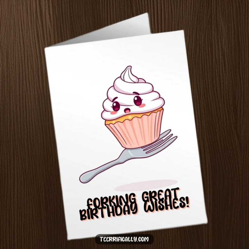 Funny free printable birthday card featuring a shocked cupcake precariously perched on a huge fork, ready to fall.