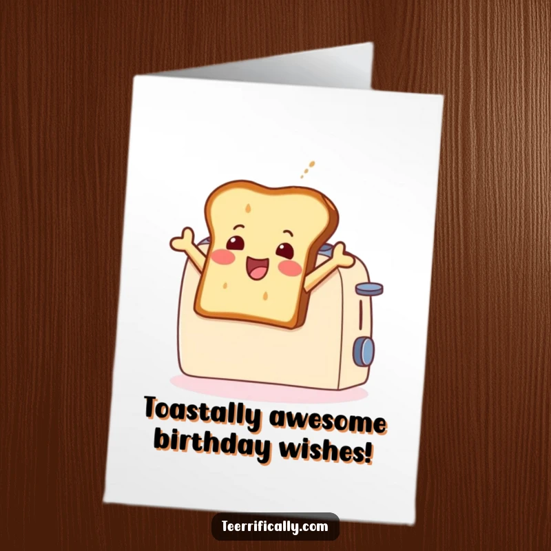 Funny Free Printable Birthday Card: A slice of toast joyfully leaps from a toaster, celebrating with bubbly energy, ready to eat up the fun.