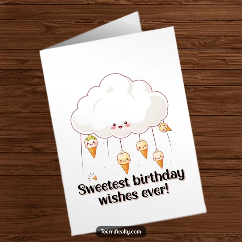 Funny free printable birthday card featuring a happy cloud showering small, smiling ice creams, spreading cheer.