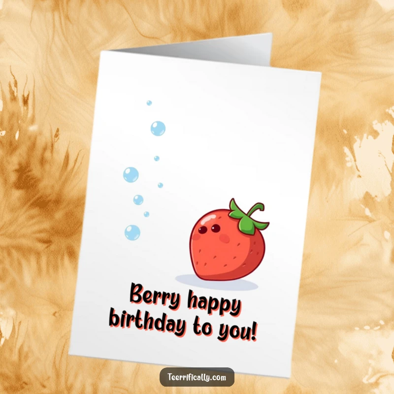 Funny Free Printable Birthday Card: Cheerful strawberry joyfully juggling tiny, sparkling water droplets in a playful act.
