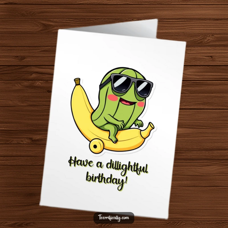 Funny Free Printable Birthday Card: A mischievous pickle in sunglasses riding a banana, perfect for a cool and funny birthday wish.
