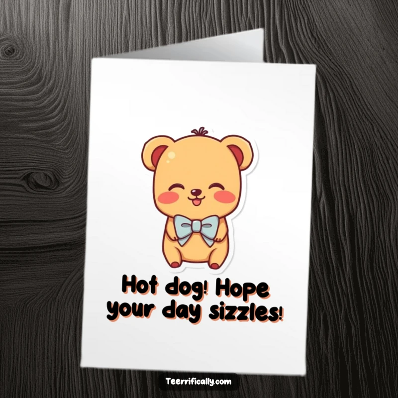 Funny Free Printable Birthday Card: A shy hot dog in a bowtie is blushing brightly, sending sweet birthday wishes.