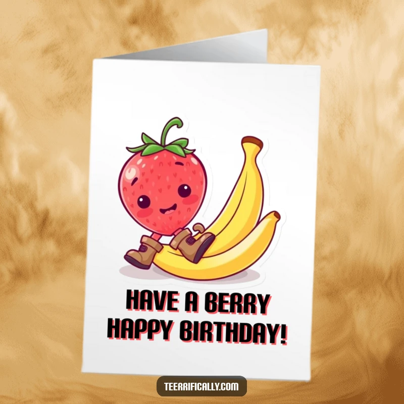 Funny Free Printable Happy Birthday card with a mischievous strawberry in tiny boots sliding on a banana peel, causing comical chaos.