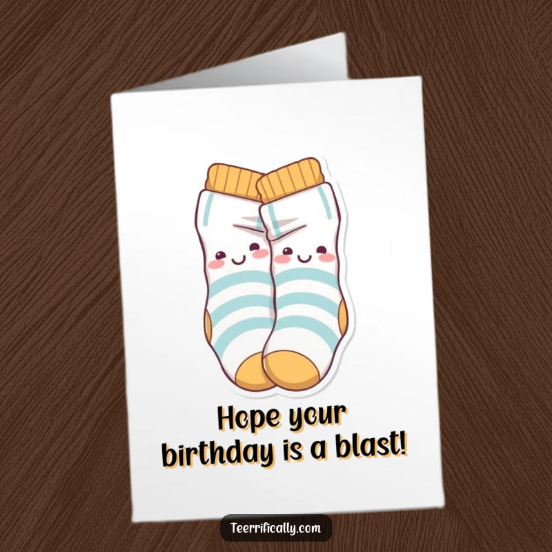 Funny Free Printable Birthday Card featuring a pair of playful socks happily tangled together in a humorous knot.