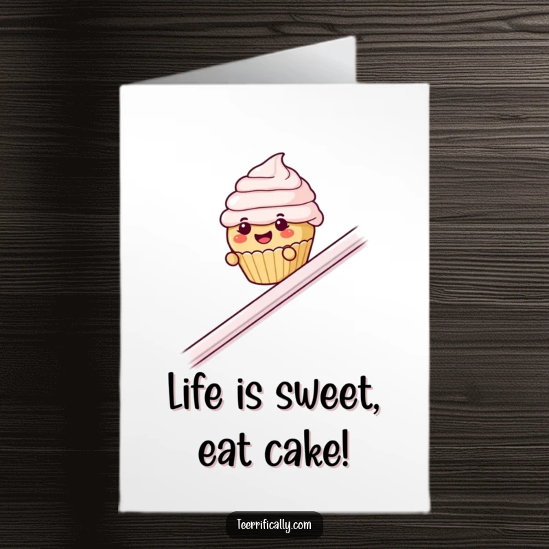Funny Free Printable Birthday Card: Tiny cupcake with frosting eyebrows slides gleefully down a banister for birthday wishes.
