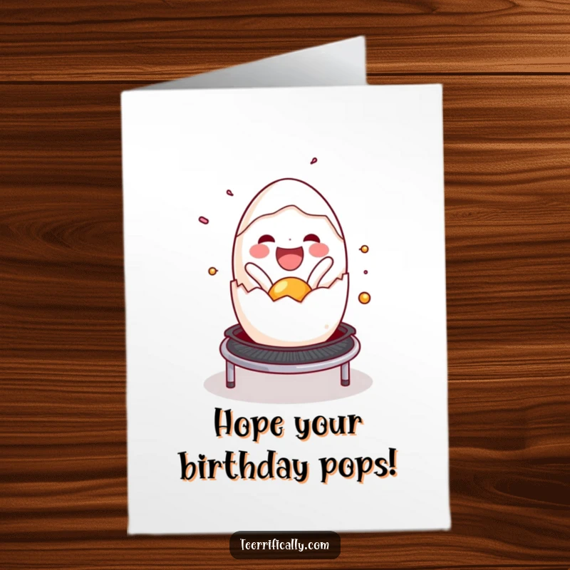 Funny Free Printable Egg Birthday Card: Delightful cracked egg joyfully spilling onto a trampoline, celebrating a birthday with explosive happiness.