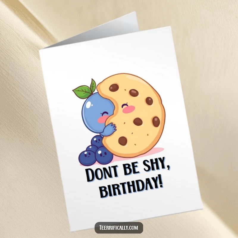 Funny Free Printable Blueberry Birthday Card: A shy blueberry blushes behind a giant cookie, sending birthday wishes.