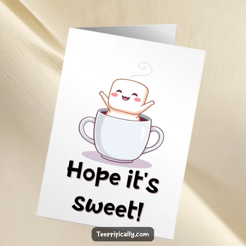 Funny Free Printable Marshmallow Birthday Card: A fluffy marshmallow jumps joyfully from a mug, wishing a happy birthday.