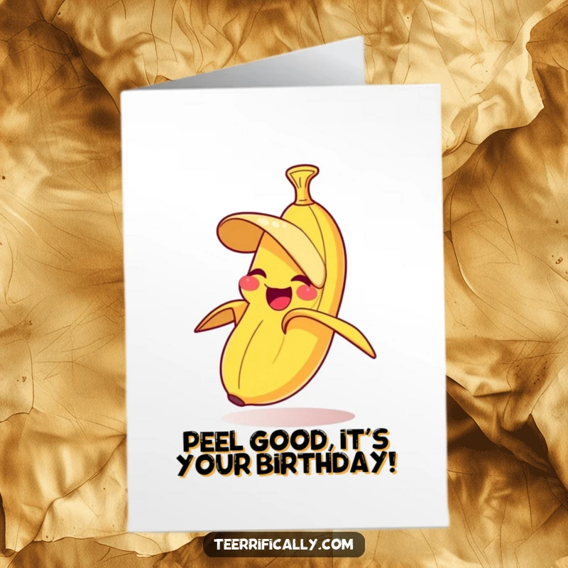 Funny Free Printable Birthday Card: Giggling banana joyfully peels itself, spreading cartoonish delight and vibrant celebration.