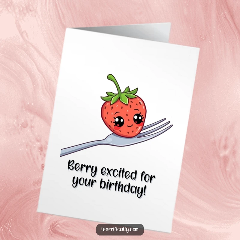 Funny free printable birthday card: Googly-eyed strawberry wobbling on a huge fork, ready for a party.