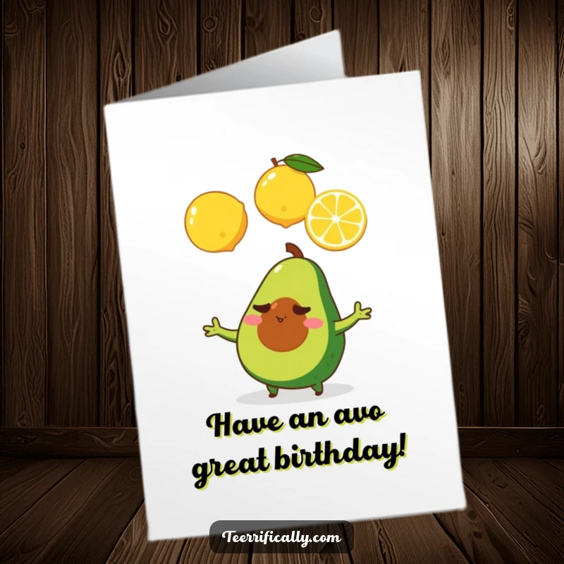 Funny free printable birthday card: A tiny, determined avocado expertly juggling three bright yellow lemons.